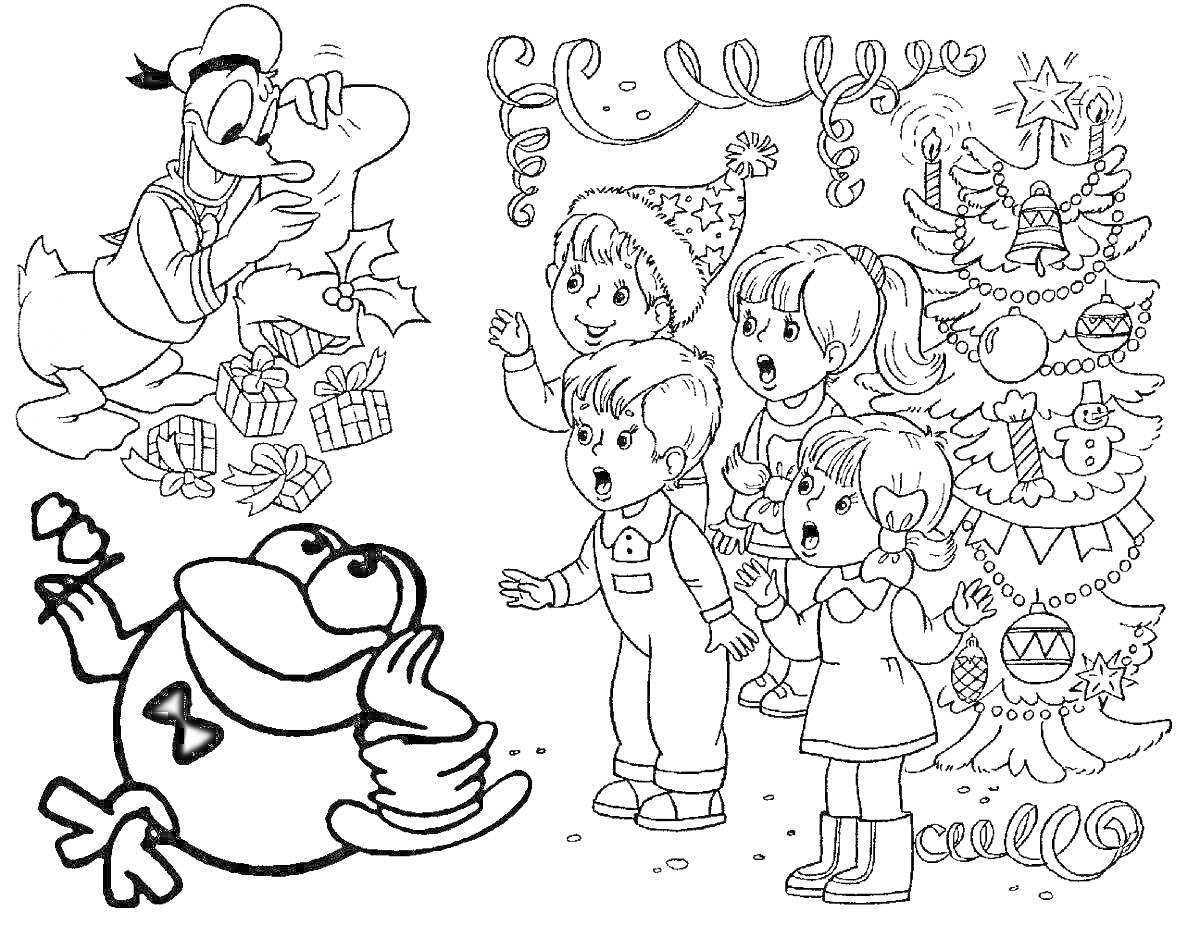 Раскраска Праздничные персонажи с подарками у елки, Диснеевские герои и дети возле рождественской елки