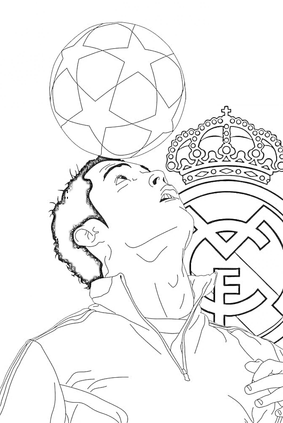 На раскраске изображено: Футболист, Реал Мадрид, Спорт, Мячи, Эмблемы