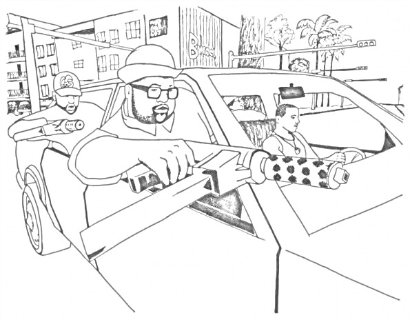 Бандиты в машине, стреляющие через окна, на фоне городских зданий с пальмами.