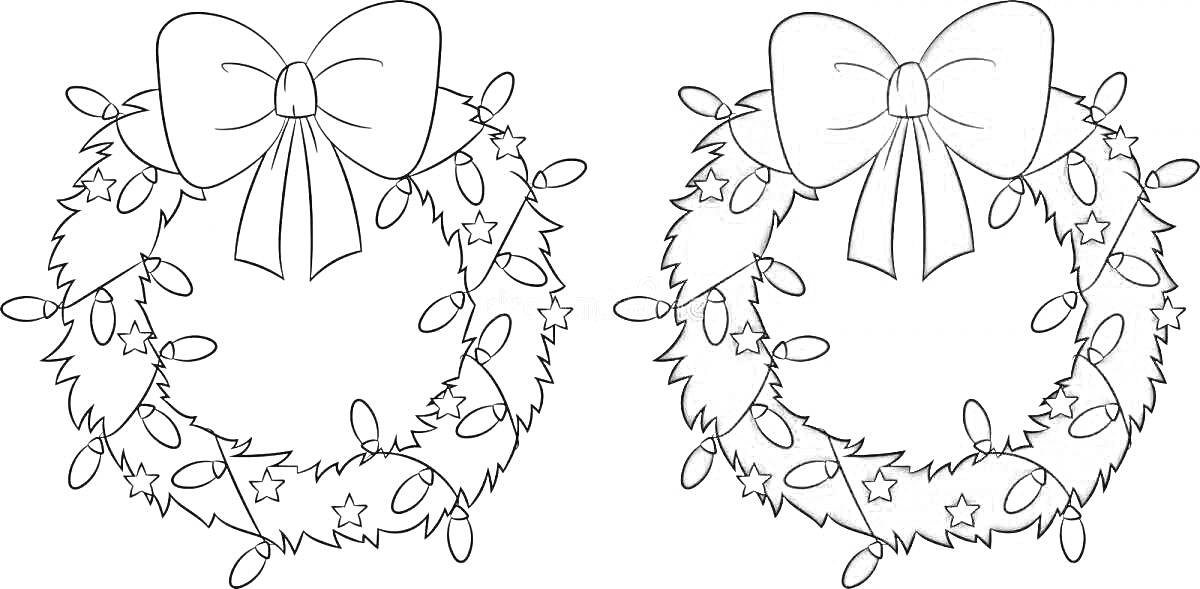 Раскраска Рождественский венок с гирляндой и бантом