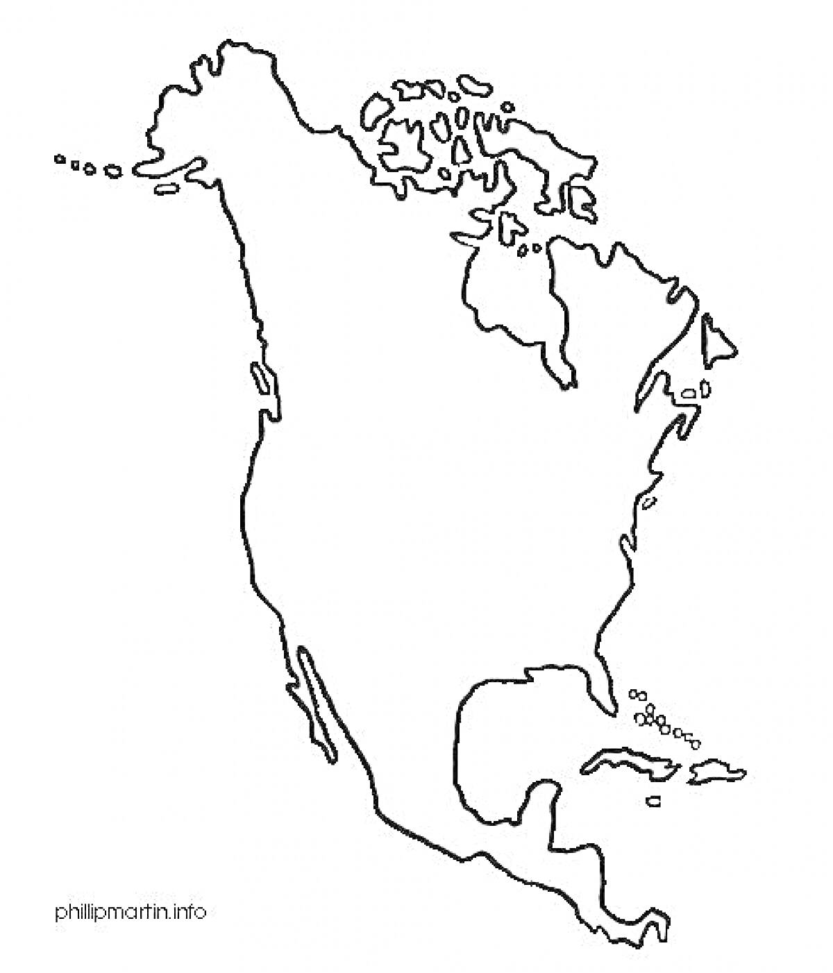 РаскраскаКарта Северной Америки с границами континента и островов