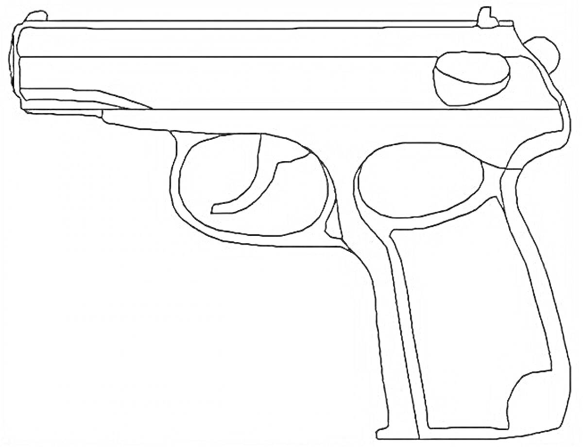 На раскраске изображено: Пистолет, Макаров, Разрез, Оружие, Огнестрельное оружие, Рукоятка, Спусковой крючок, Затвор, Мушка