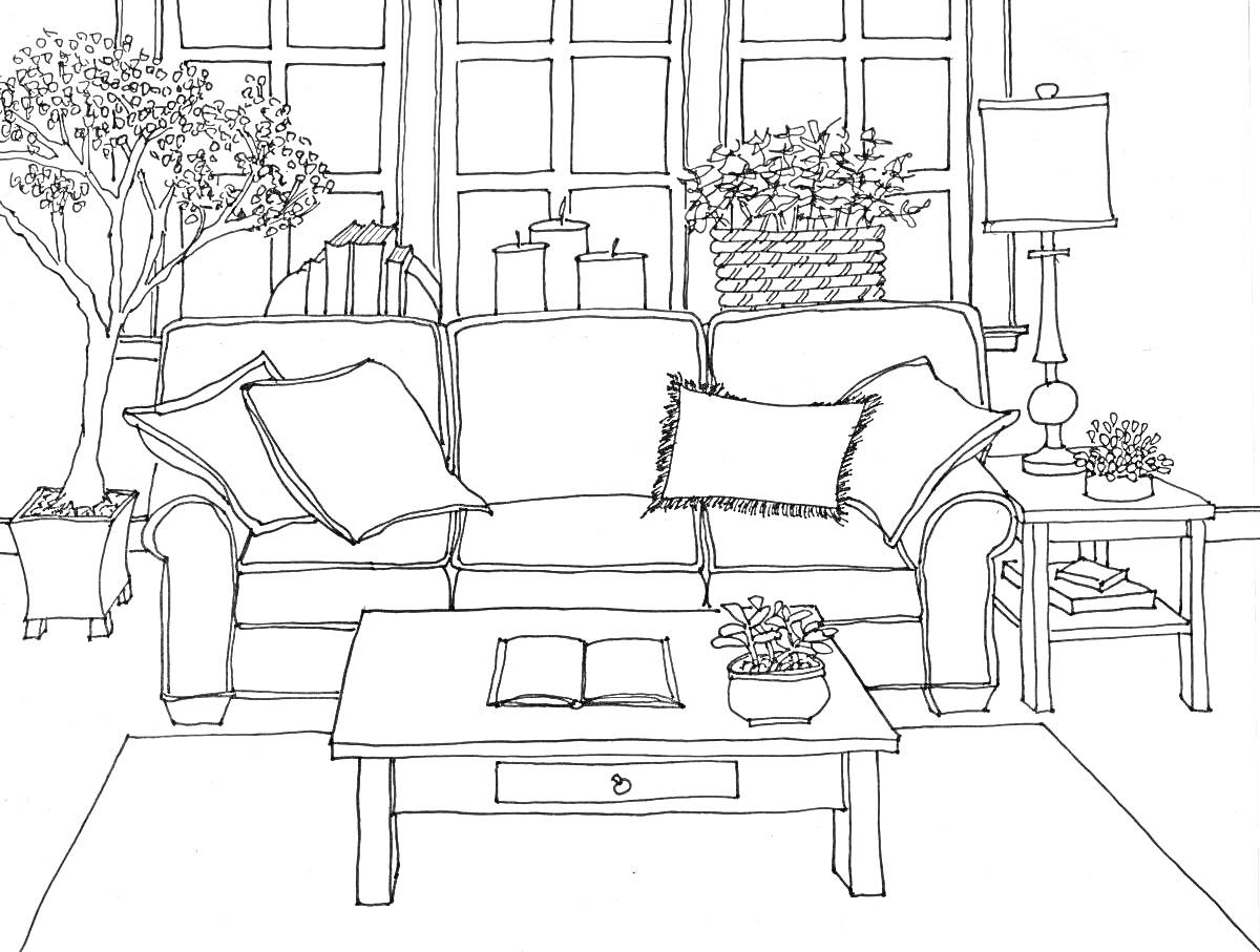 Раскраска Гостиная с диваном, журнальным столиком, растением, и lampой