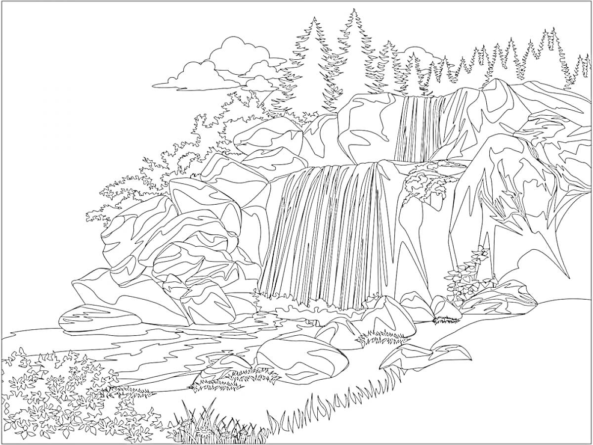 Раскраска Водопад среди камней и деревьев на фоне горы