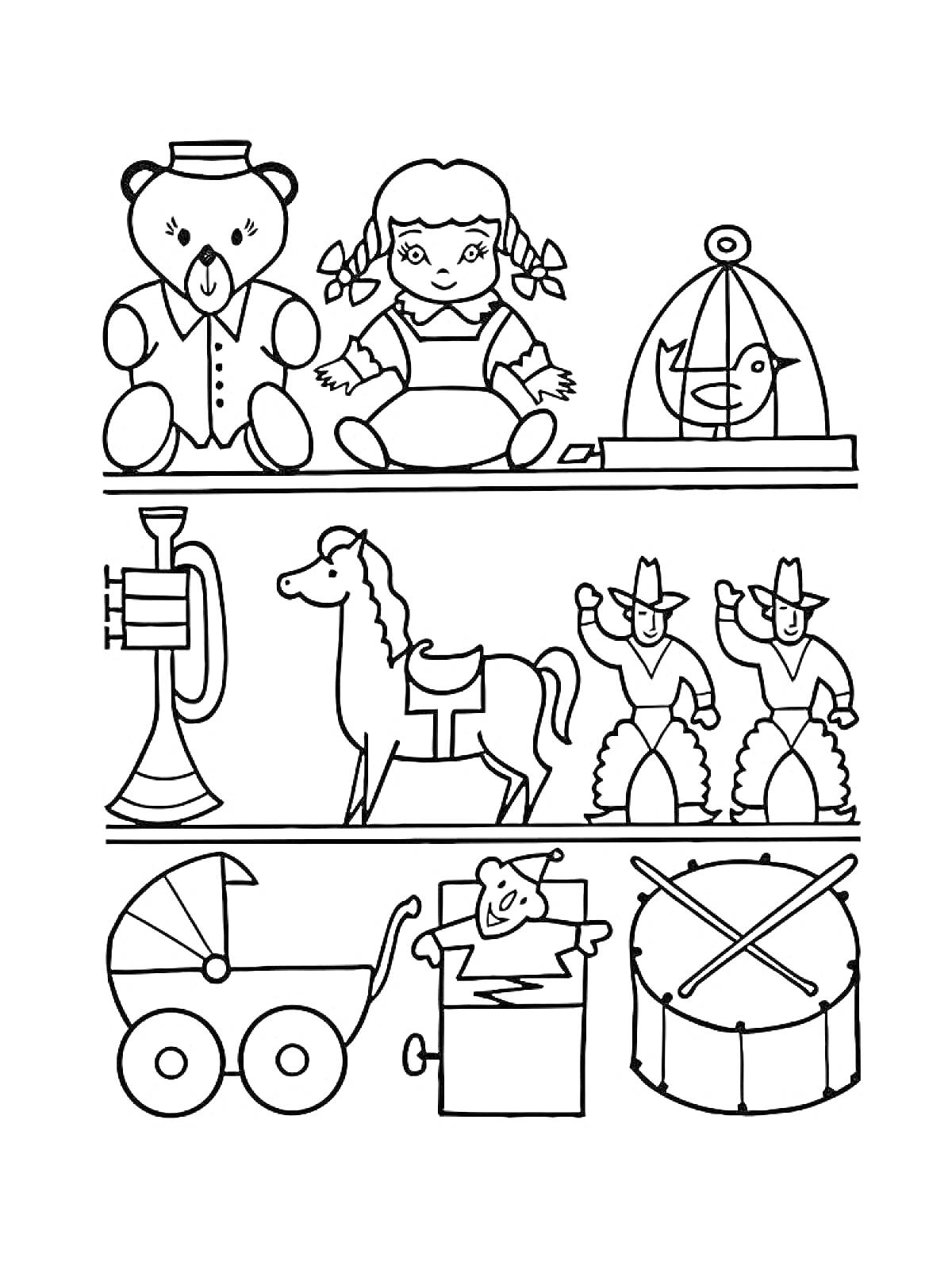 На раскраске изображено: Медведь, Кукла, Игрушка, Клетка, Птица, Труба, Лошадка, Ковбои, Коробка, Клоун, Барабан, Магазин игрушек