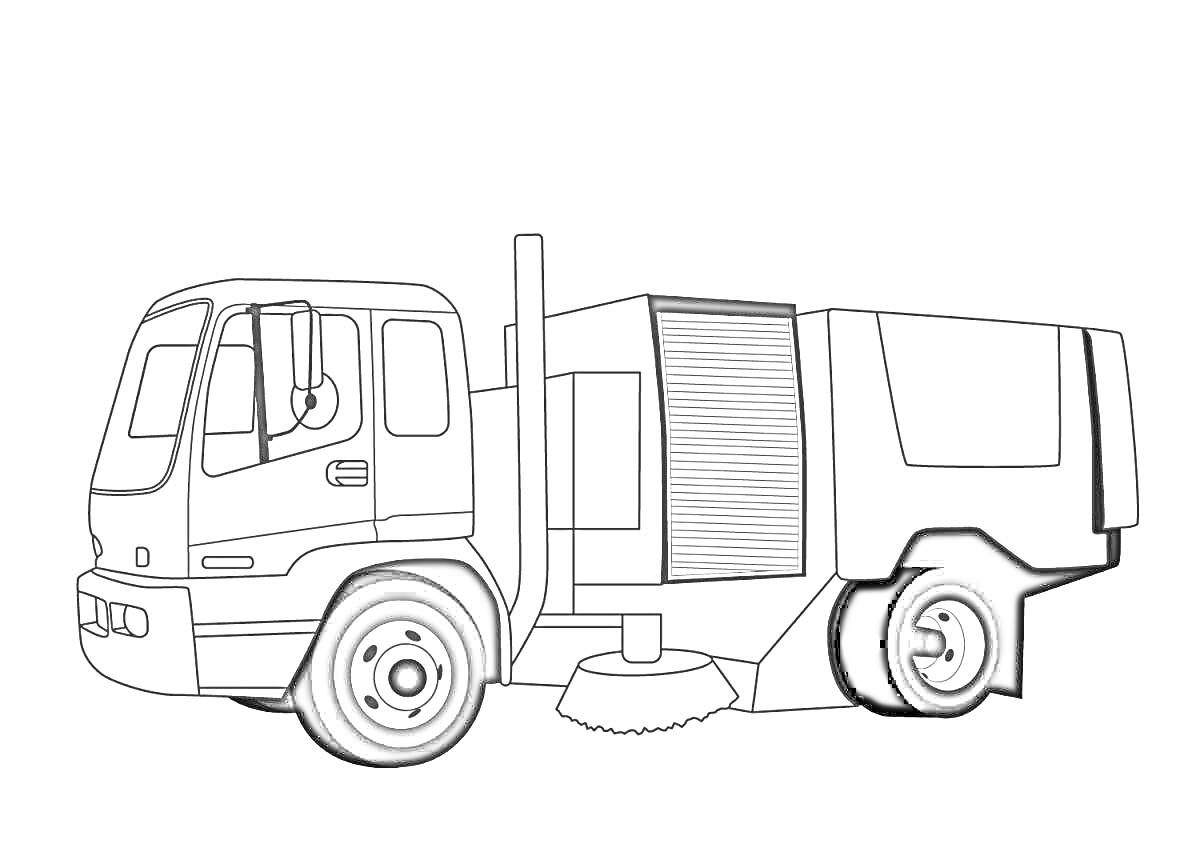 На раскраске изображено: Снегоуборочная машина, Уборка снега, Щетка, Колёса, Иллюстрация