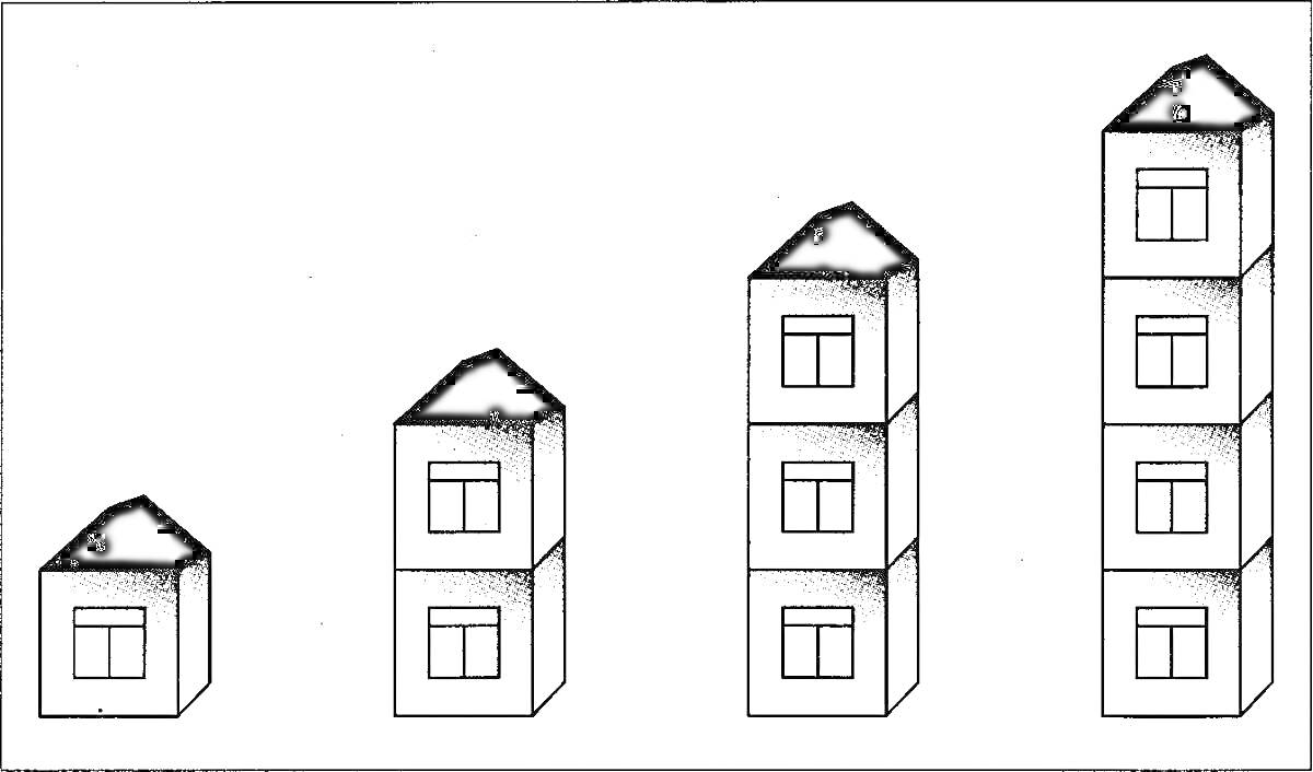 Рисунок с домами разной высоты (одноэтажный, двухэтажный, трёхэтажный, пятиэтажный)
