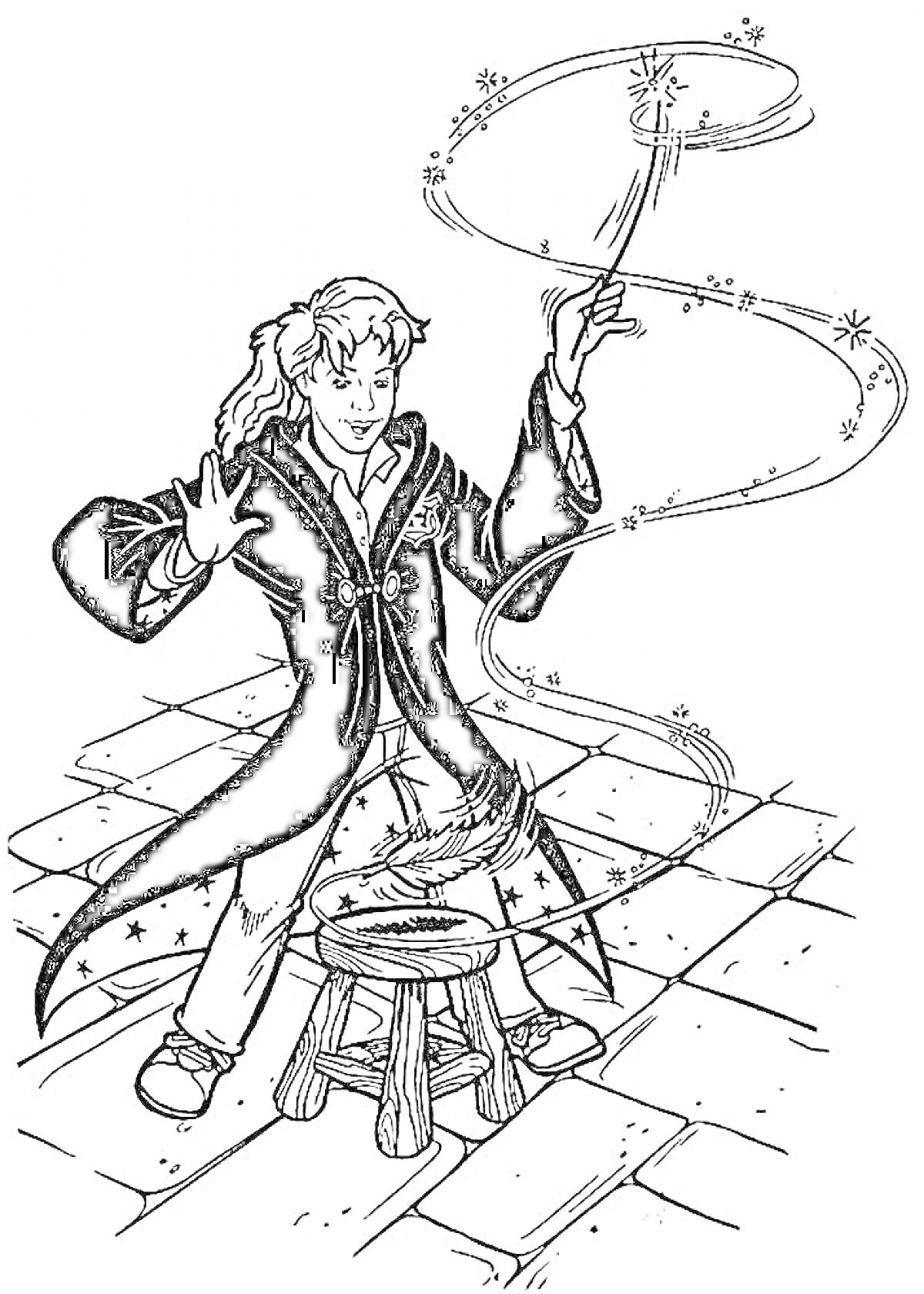 Раскраска Волшебник с палочкой и спиралью заклинания над табуретом