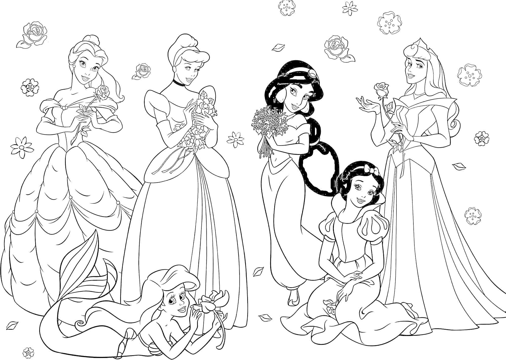Раскраска Принцессы с цветами - шесть принцесс, стоящие и сидящие, в длинных платьях, с цветами в руках и вокруг, включая русалку на переднем плане
