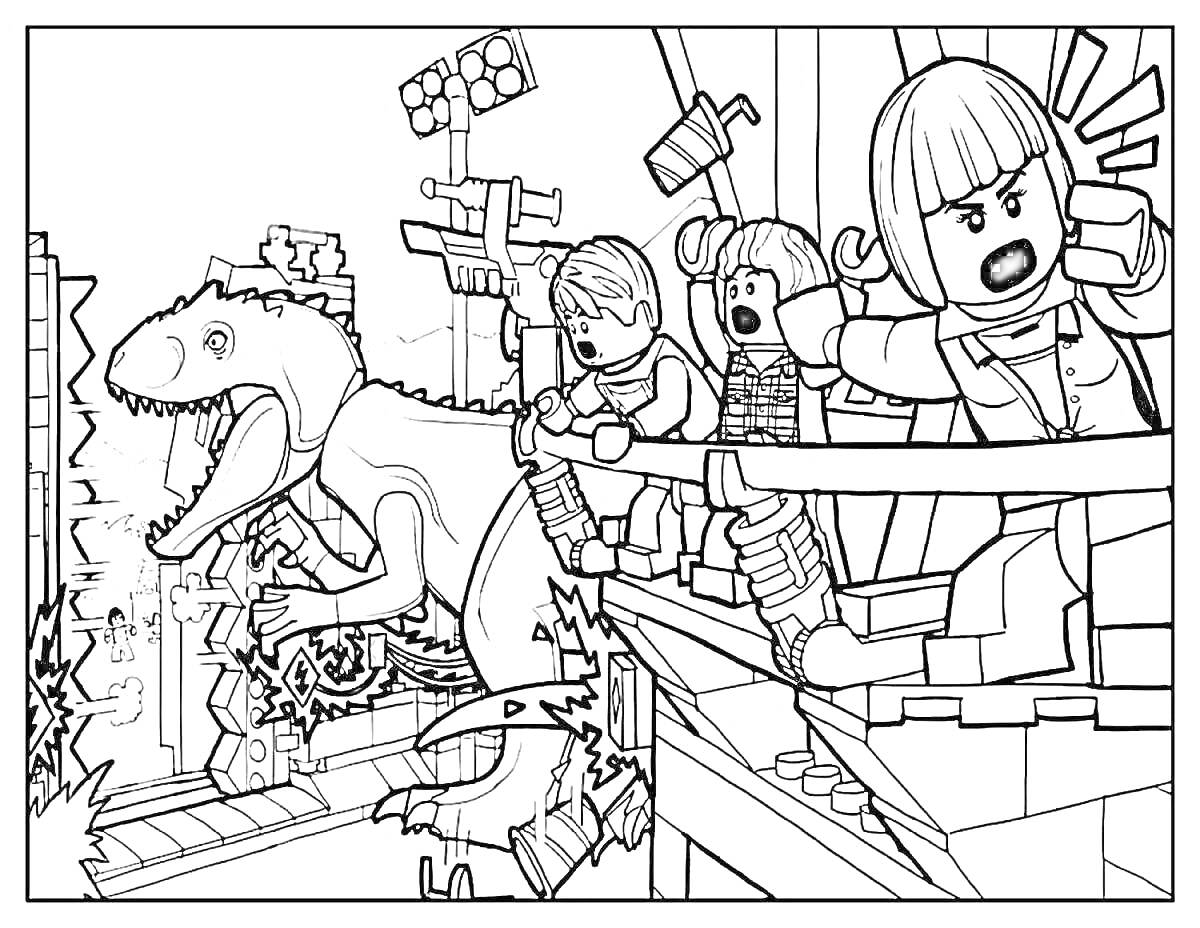 На раскраске изображено: Лего, Мир юрского периода, Динозавр, Камеры, Электричество