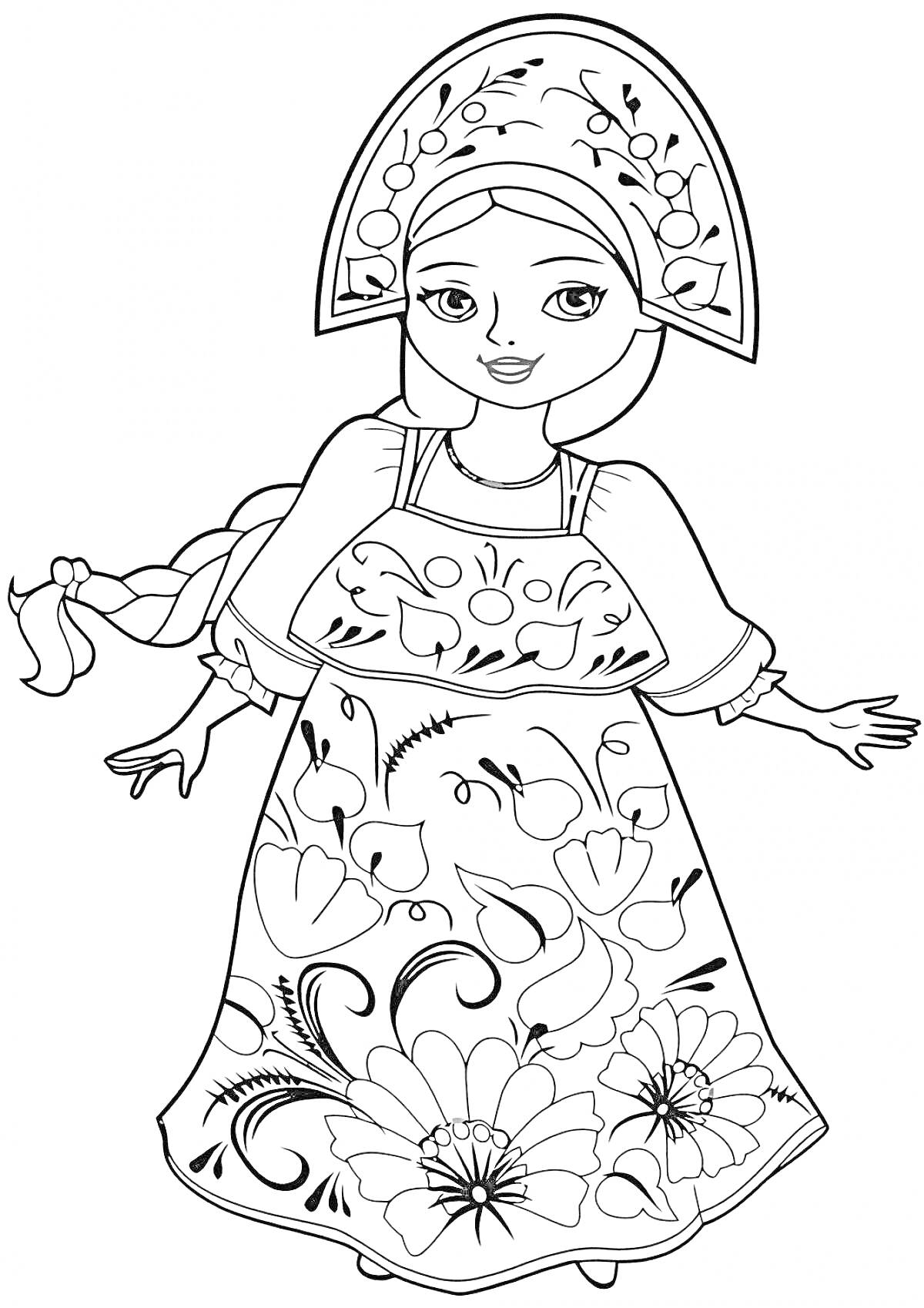 Девочка-царевна в кокошнике и сарафане с цветочным орнаментом