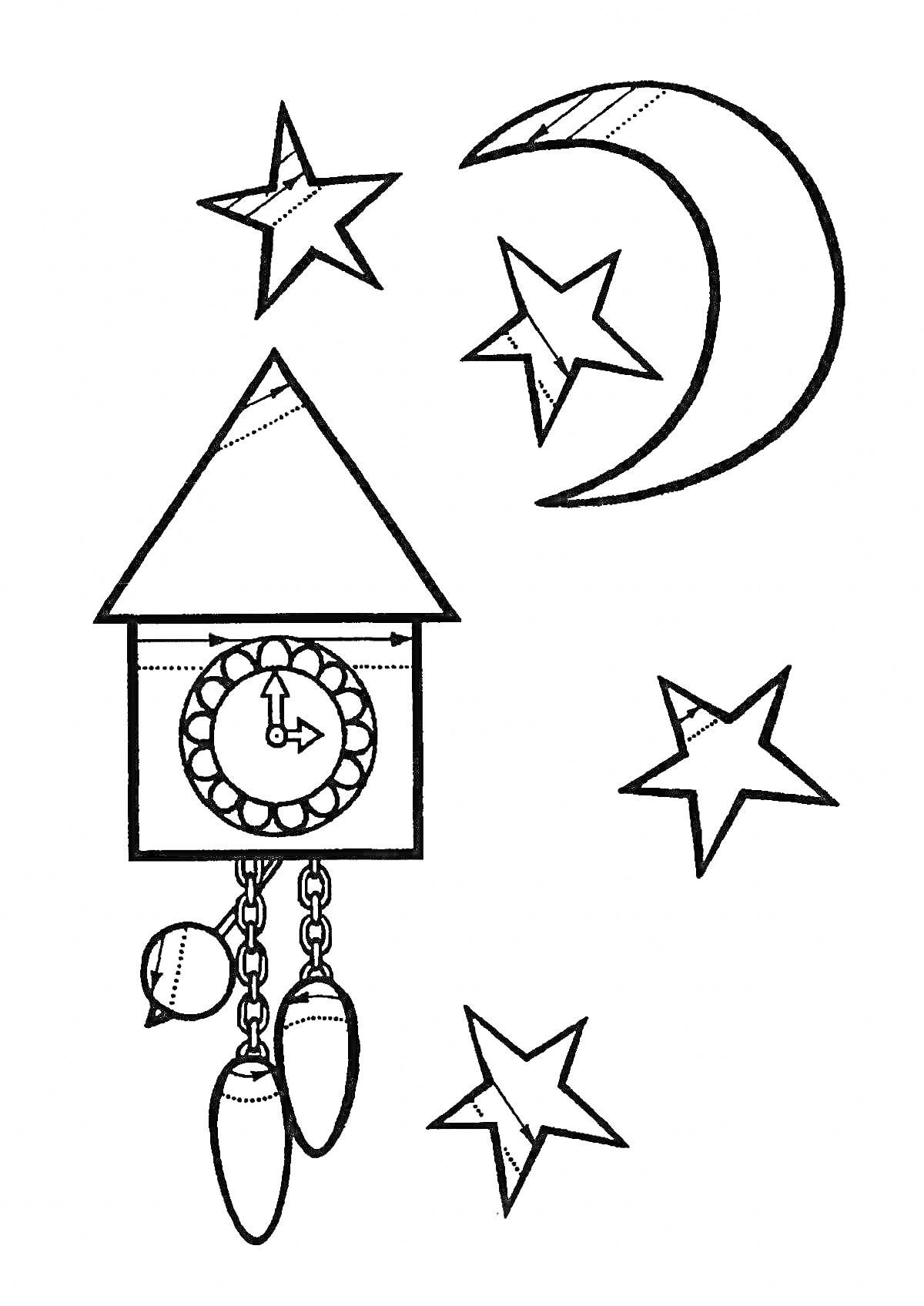 На раскраске изображено: Полумесяц, Ночь, Часы, Звезды