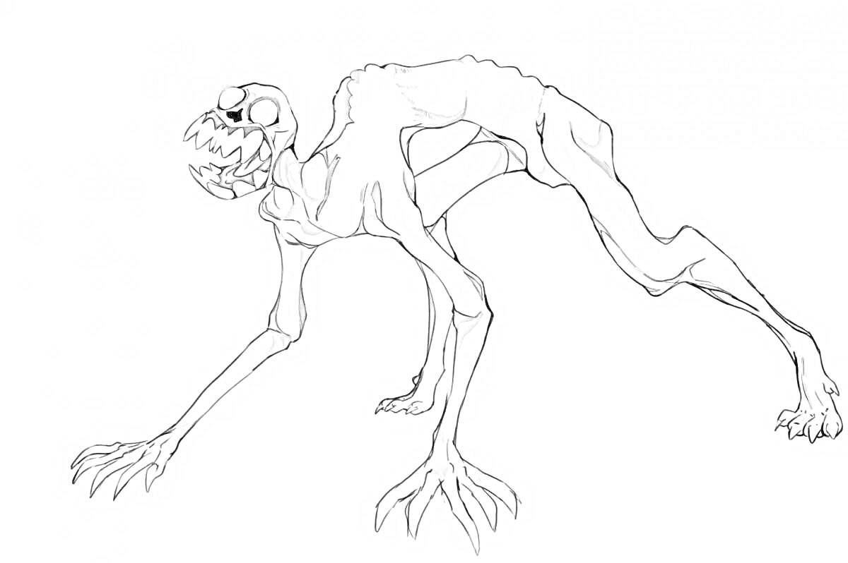 Раскраска Существо с длинными руками и ногами, согнутое в стойке, с черепоподобной головой и большими глазами.