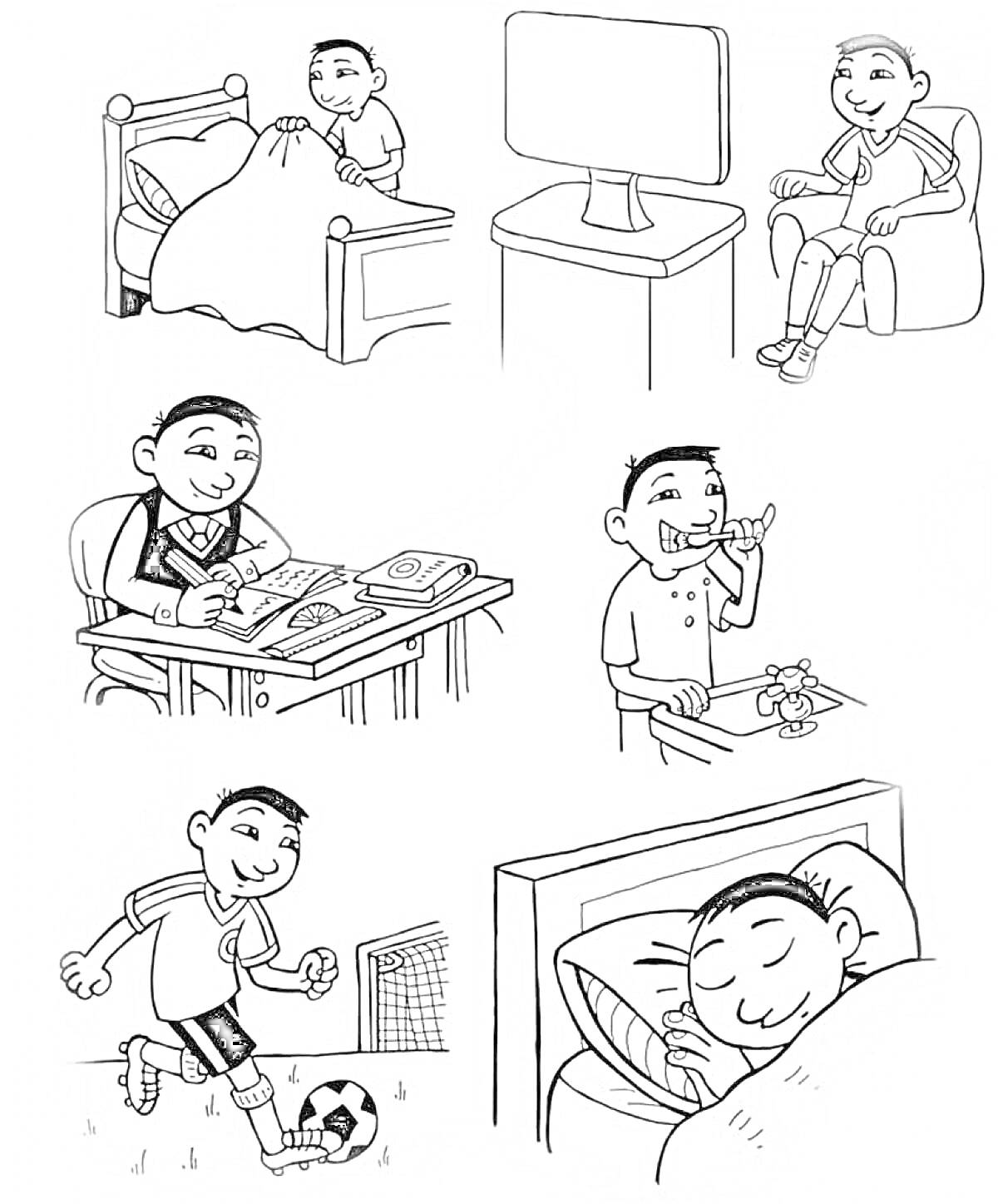 Раскраска Мальчик в течение дня: вставание с кровати, просмотр телевизора, учеба, чистка зубов, игра в футбол, сон