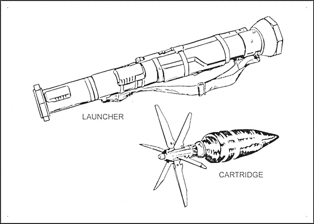 На раскраске изображено: Гранатомет, Оружие, Выстрел, РПГ, Боеприпасы, Ракета, Картридж