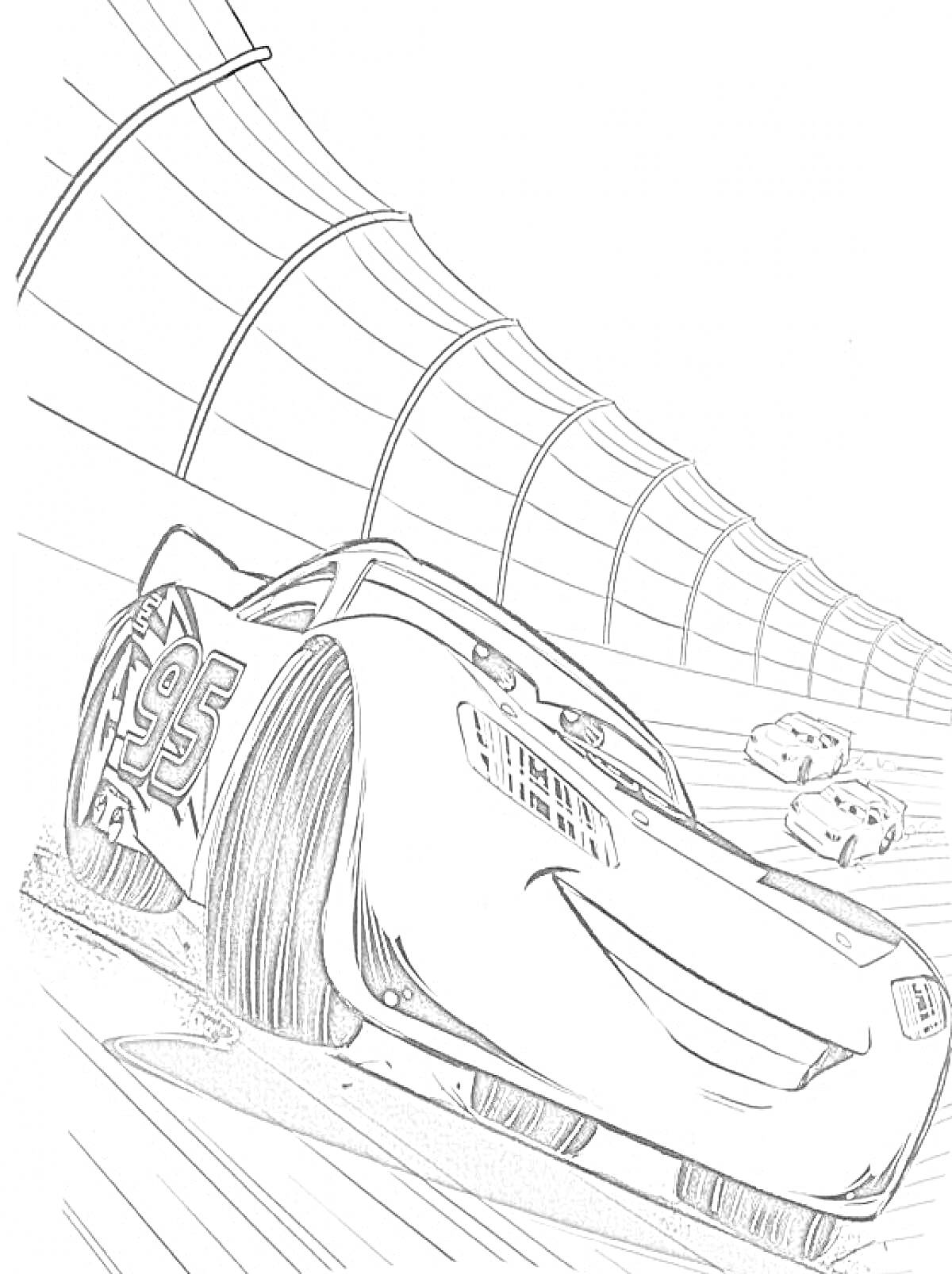 Раскраска Гоночная трасса с четырьмя гоночными машинами на скорости в повороте