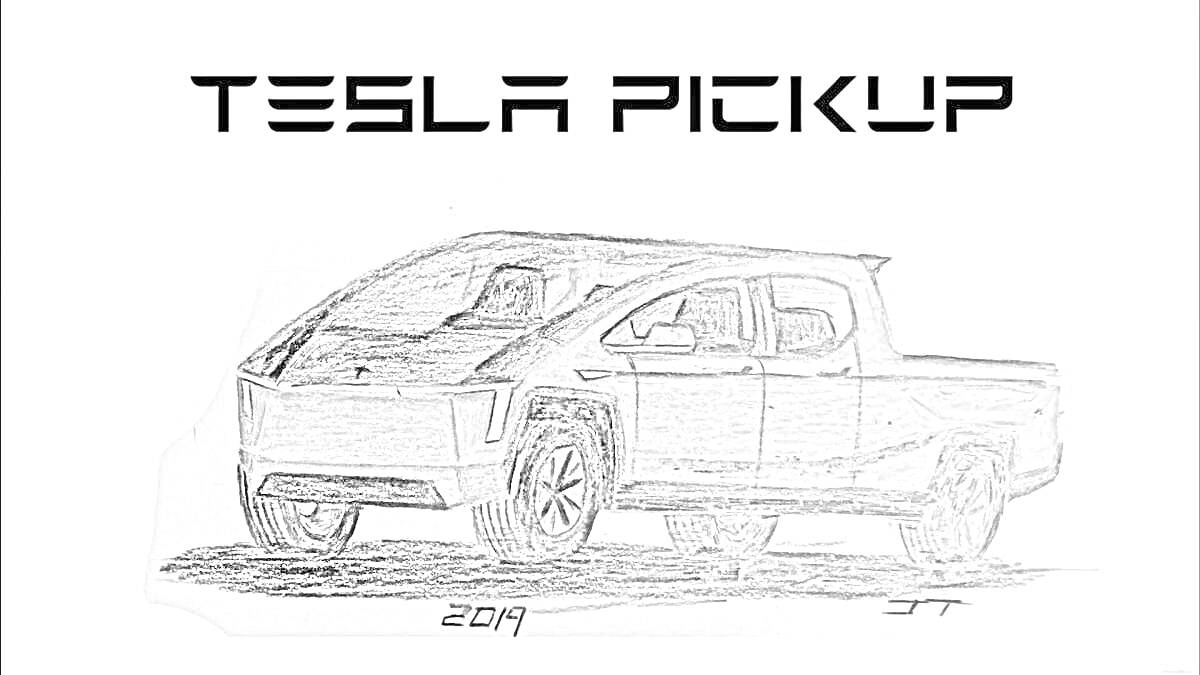 Раскраска Черно-белый рисунок Tesla Pickup 2019, вид сбоку