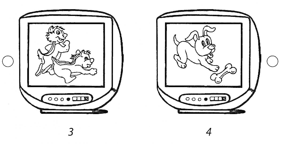 Раскраска Кот и собака бегают на экране телевизора, Собака бежит за косточкой на экране телевизора