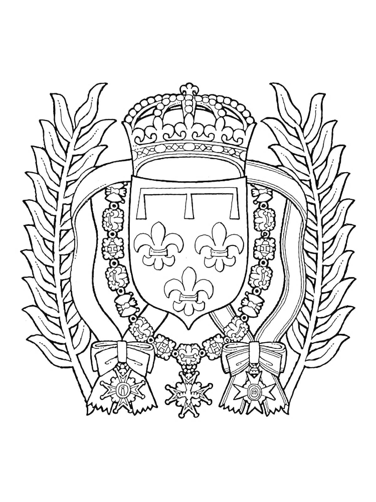 Раскраска Герб с короной наверху, щитом с тремя лилиями в центре, окруженными лавровыми листьями и орденами