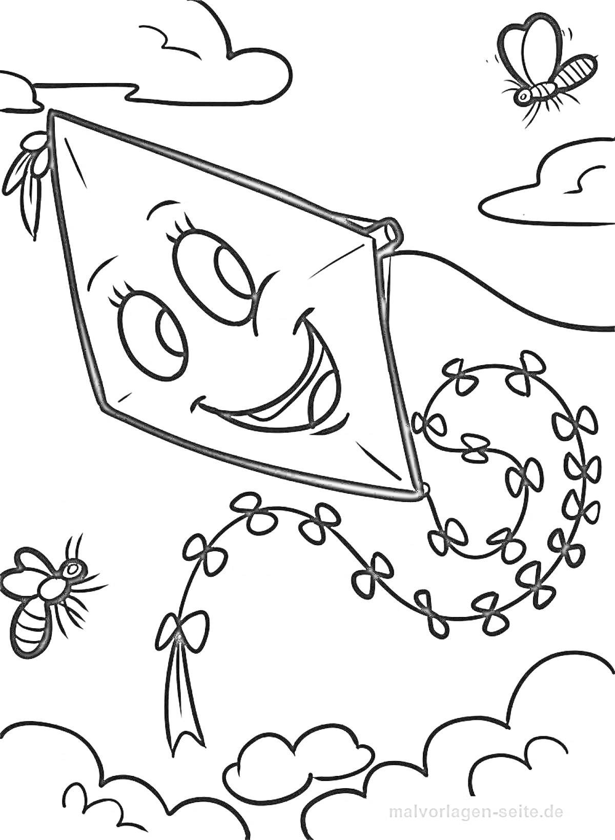 На раскраске изображено: Воздушный змей, Улыбка, Облака, Пчёлы, Бабочка, Небо, Для детей, Насекомое