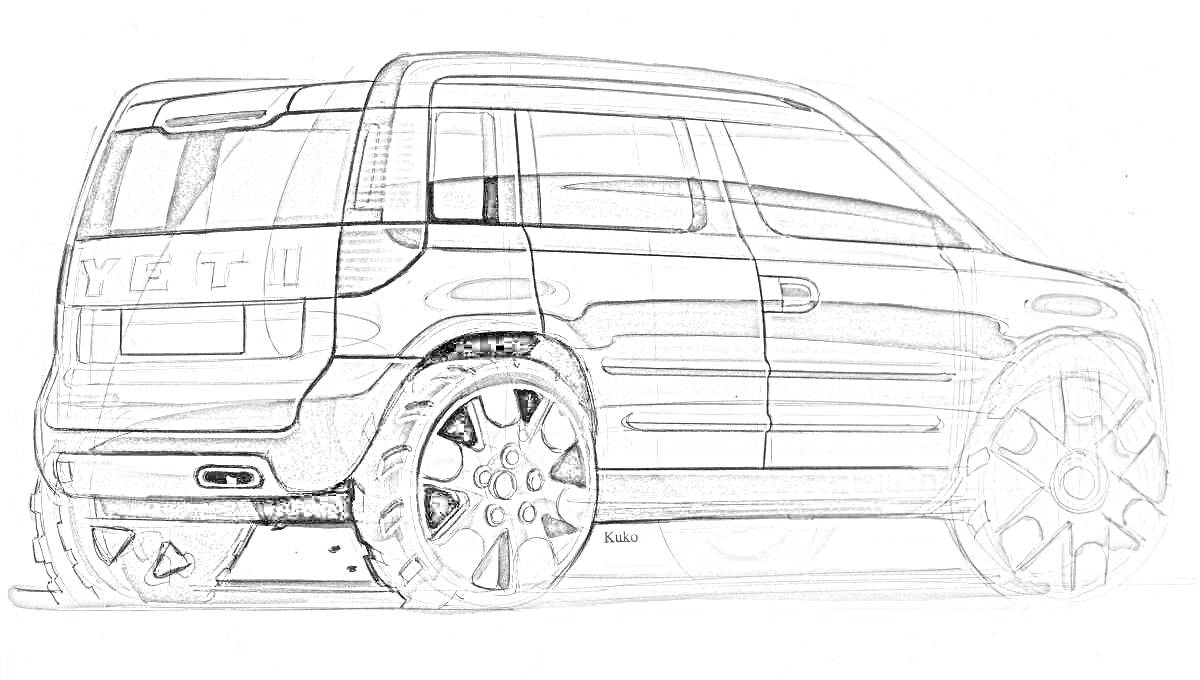 Раскраска Нарисованный внедорожник Skoda Kodiaq, вид сбоку, отличительные колеса и окна