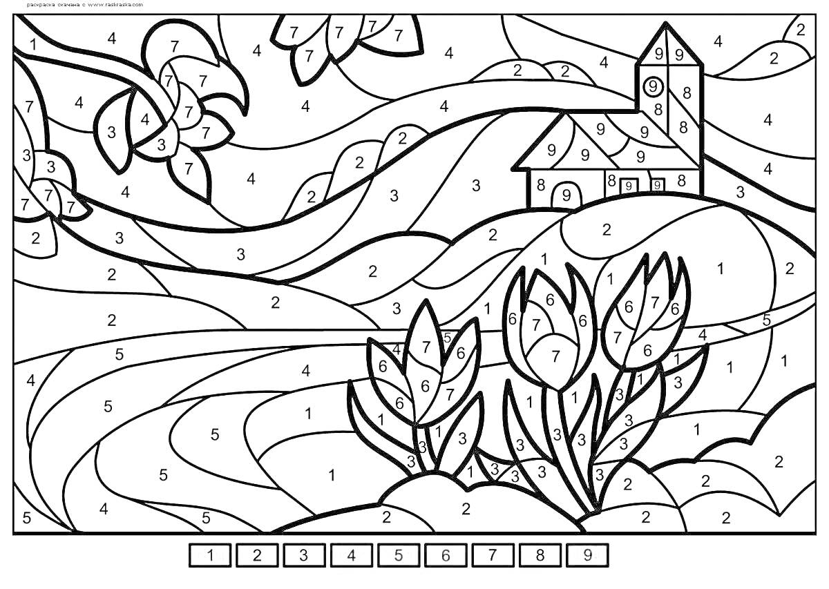 Раскраска Пейзаж с домиком на холмах и цветущими тюльпанами