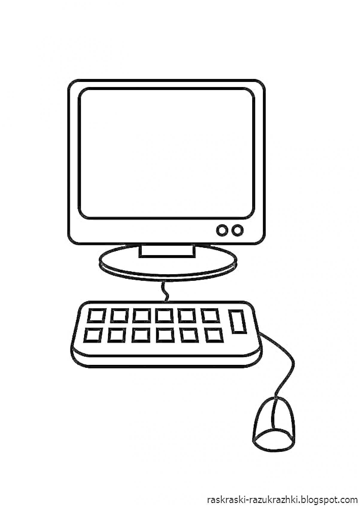 На раскраске изображено: Компьютер, Монитор, Клавиатура, Мышь, Техника, Для детей