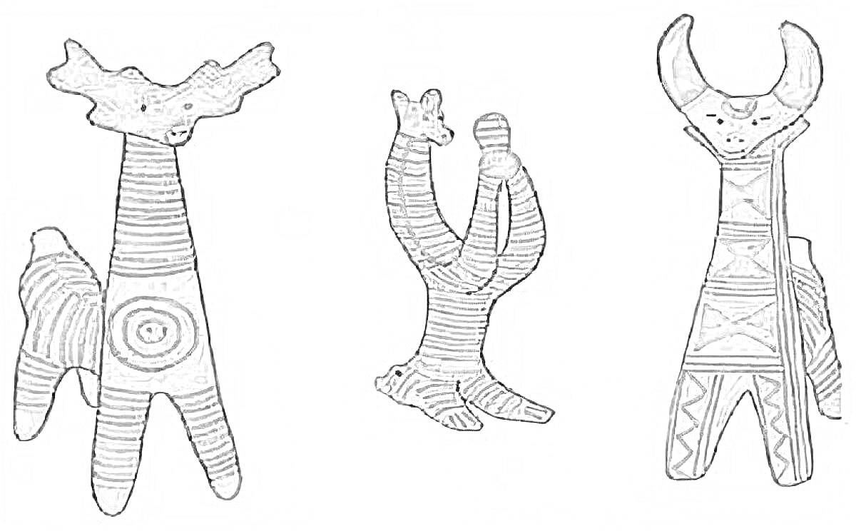 Раскраска Филимоновские олени с различными узорами на теле (полосы, круги, треугольники)