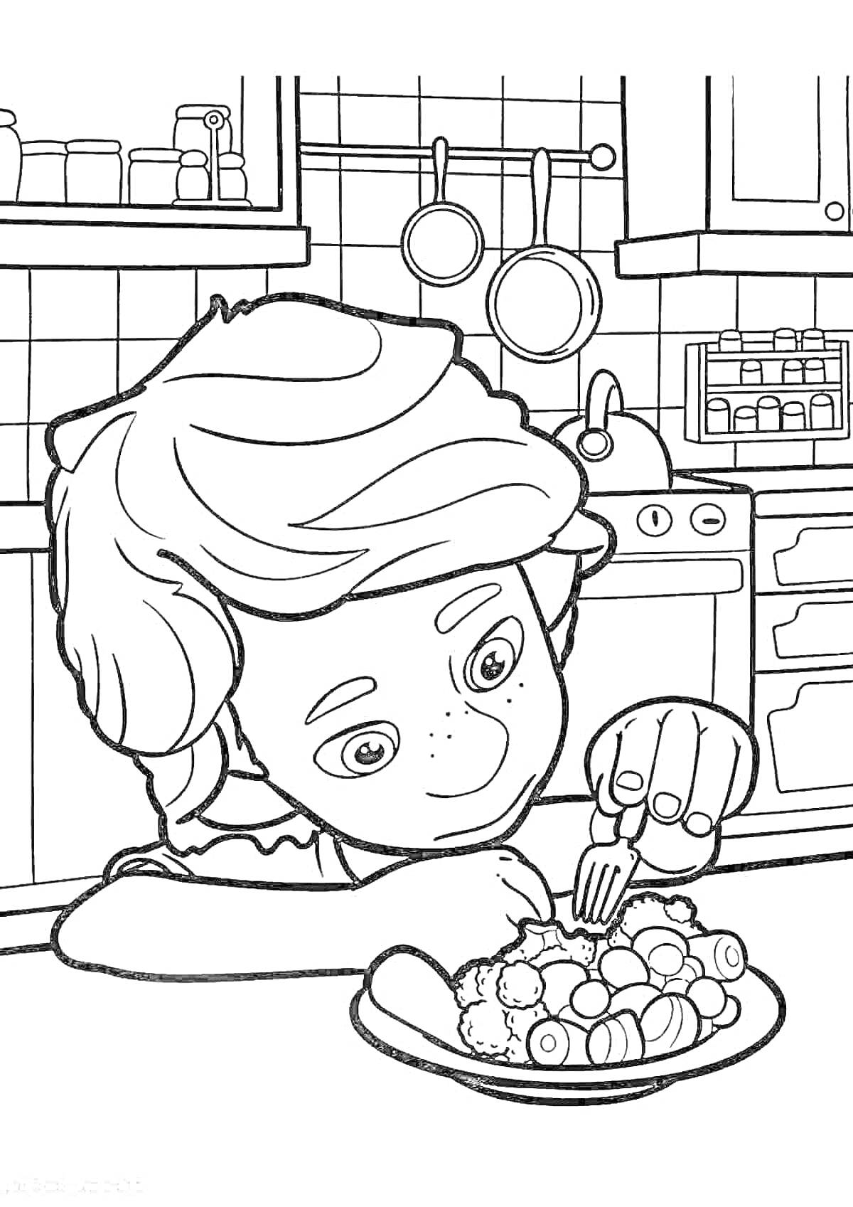 Раскраска Мальчик в кухне майя с тарелкой еды, полки с посудой, плита с кастрюлями на заднем плане