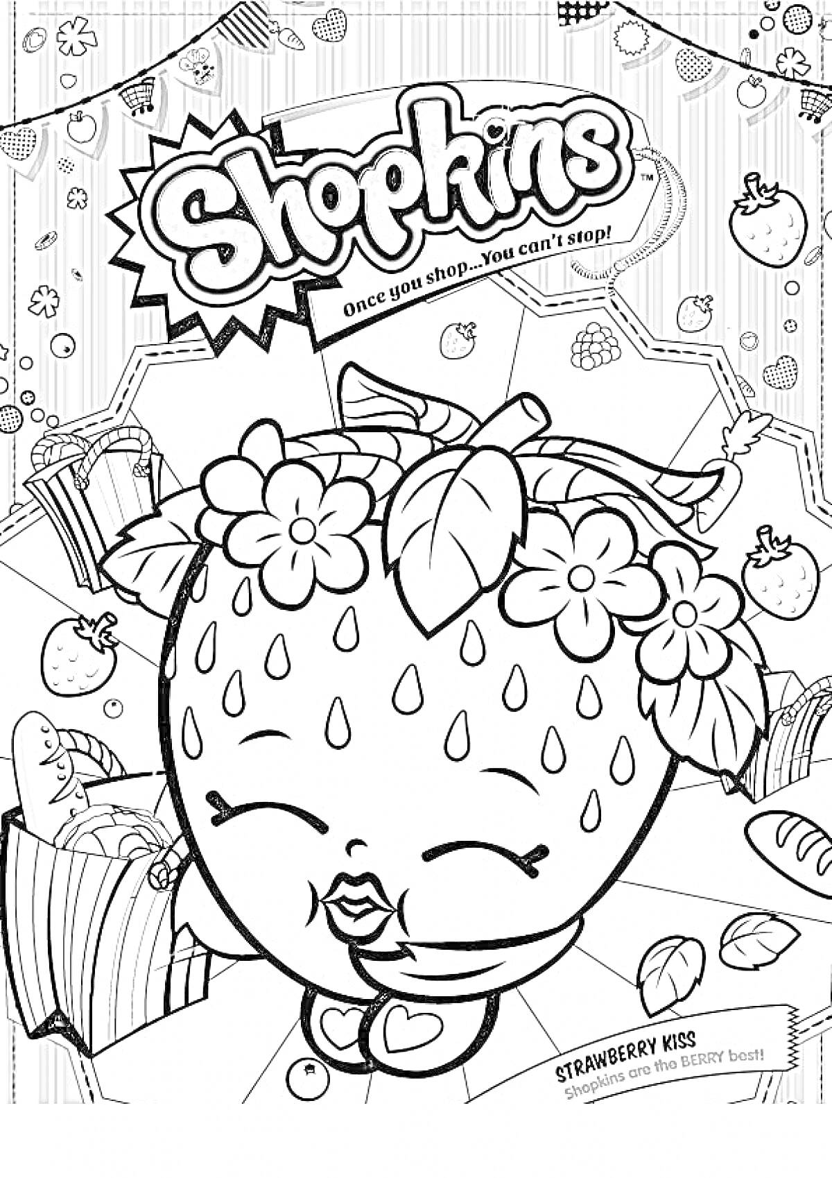 Раскраска Шопкинс: Клубничка с цветами и листиками на голове, сундучок, косынка с сердечками, мелкие ягодки и листья на заднем плане
