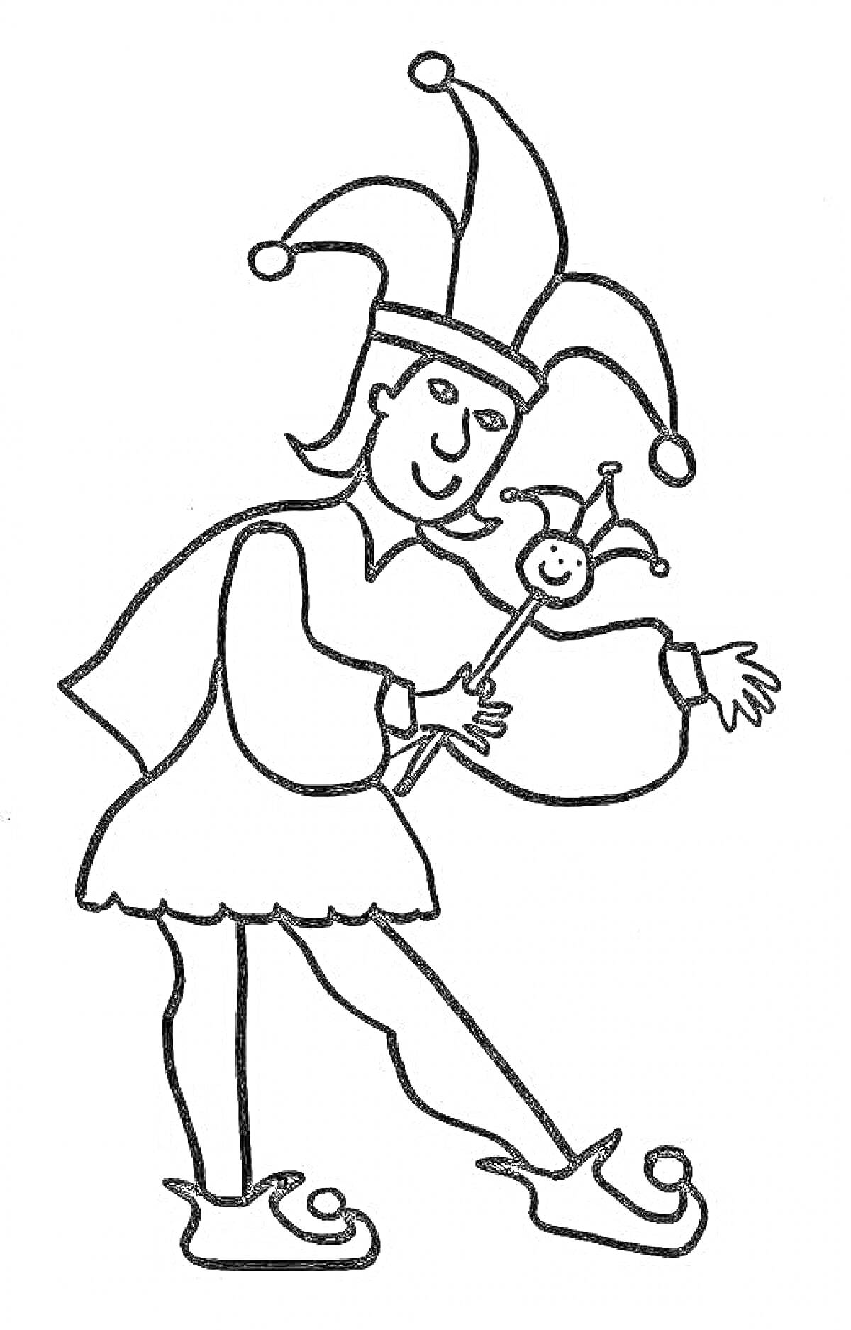 На раскраске изображено: Шут, Посох, Средневековый, Клоун, Сказочный персонаж