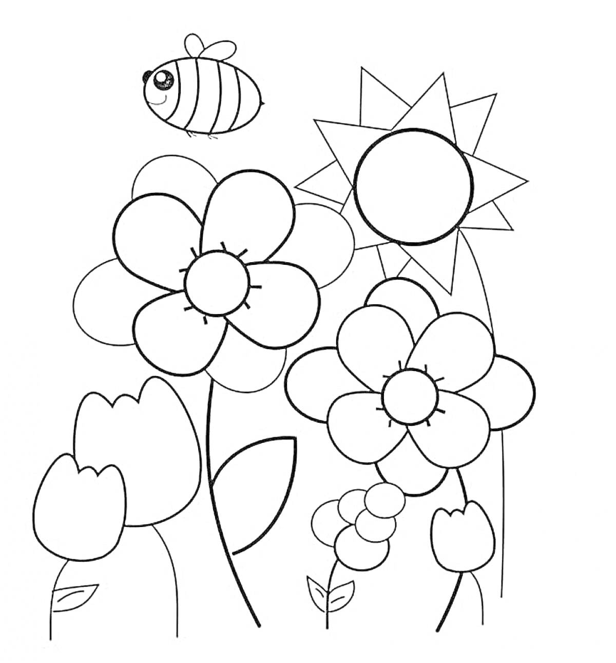 На раскраске изображено: Цветы, Тюльпаны, Солнце, Природа, Для детей, 3-4 года