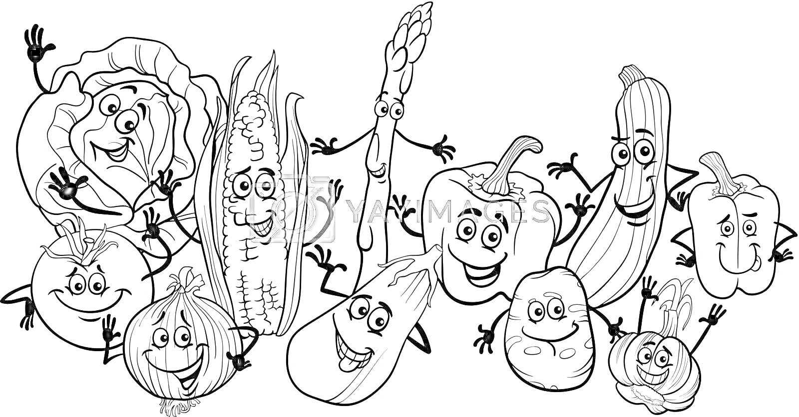 Раскраска Овощи с лицами: капуста, помидор, лук, кукуруза, баклажан, морковь, спаржа, перец, зуккини, редиска, брокколи