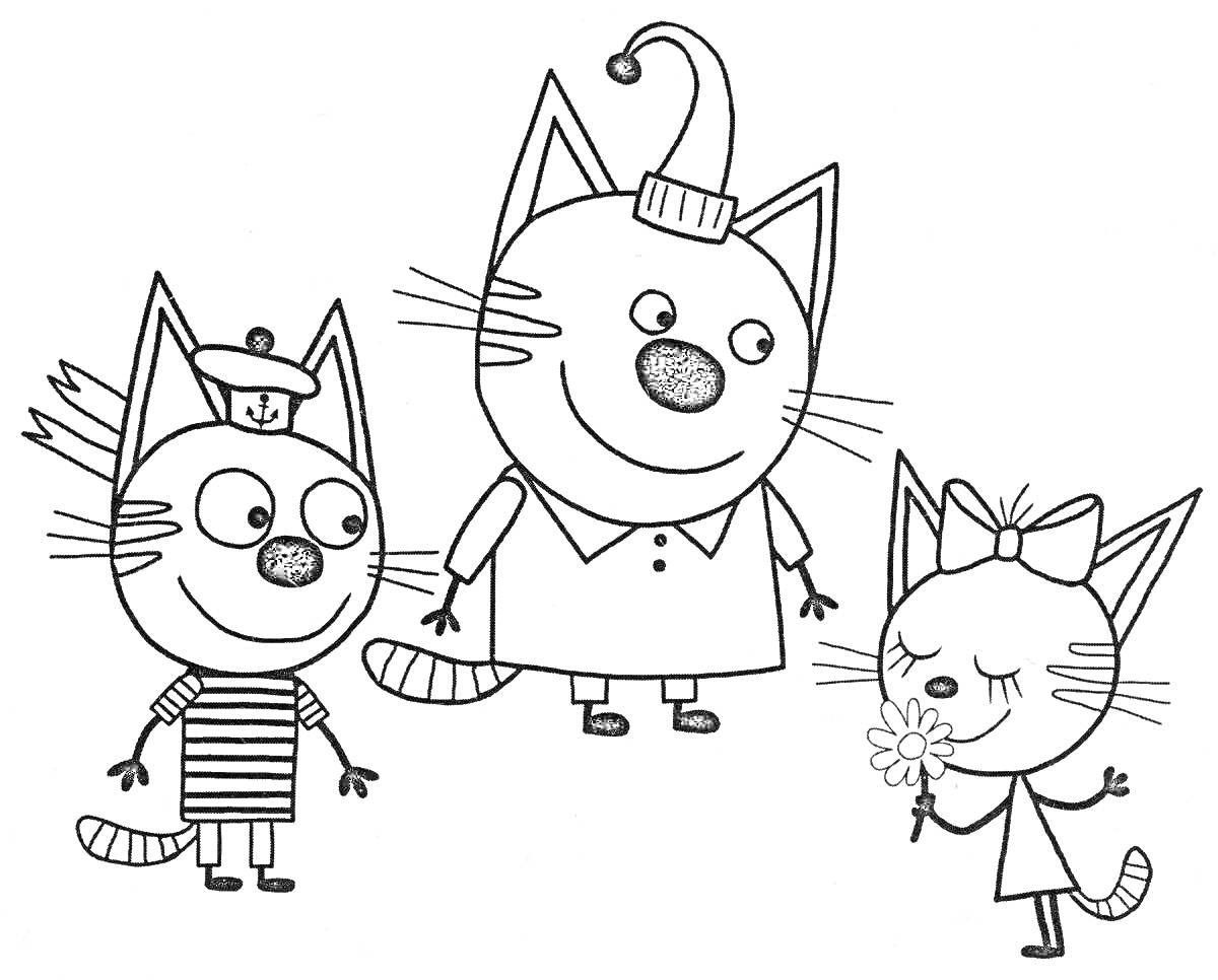 На раскраске изображено: Три кота, Бант, Для детей 2-3 лет
