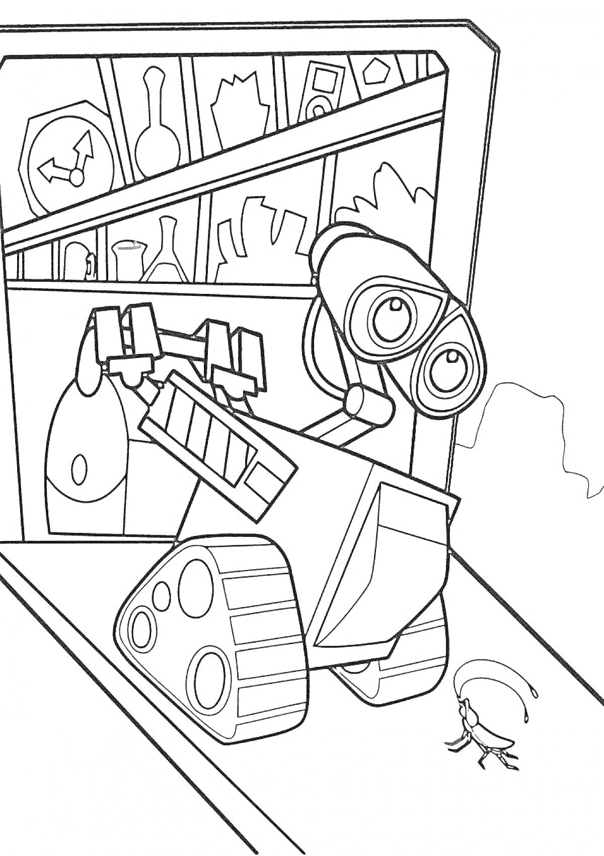 На раскраске изображено: Валли, Робот, Предметы, Кухня, Бутылка, Полки, Окна, Тараканы