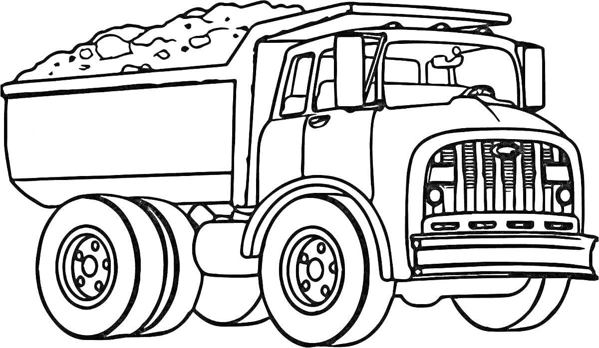 На раскраске изображено: Транспорт, Камни, Гравий, Строительная техника, Грузовая машина, 5-6 лет, Авто