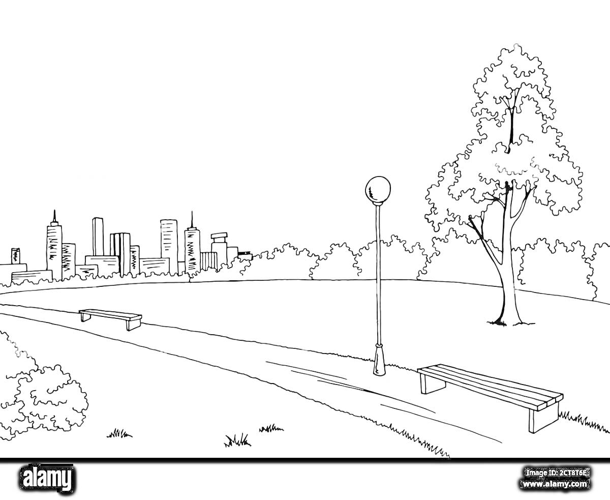 Раскраска Аллея с городской панорамой, скамейками, деревьями и фонарями