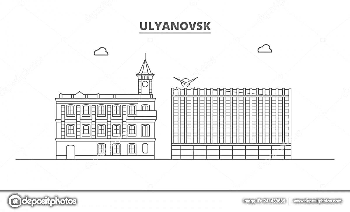 На раскраске изображено: Ульяновск, Достопримечательности, Архитектура, Многоэтажное здание, Линии, Облака