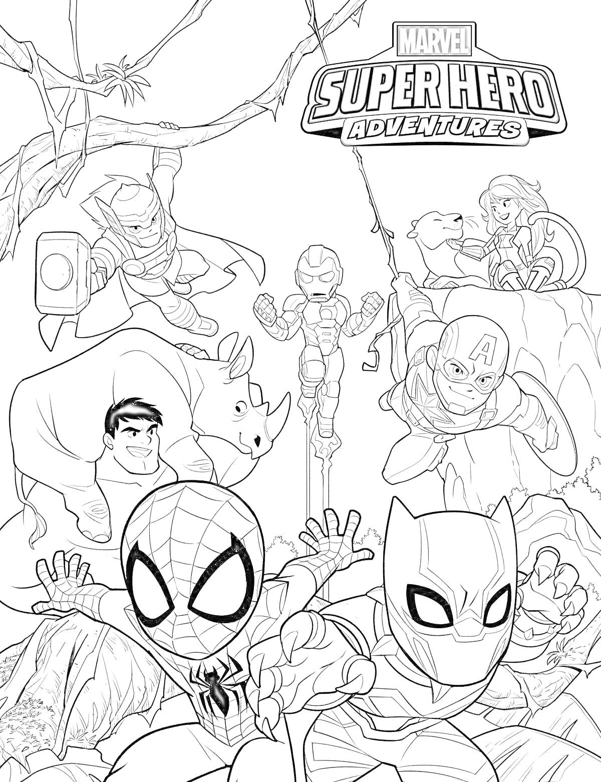 На раскраске изображено: Супергерои, Человек-паук, Черная Пантера, Халк, Носорог, Тор, Железный Человек, Капитан Америка, Соколиный Глаз