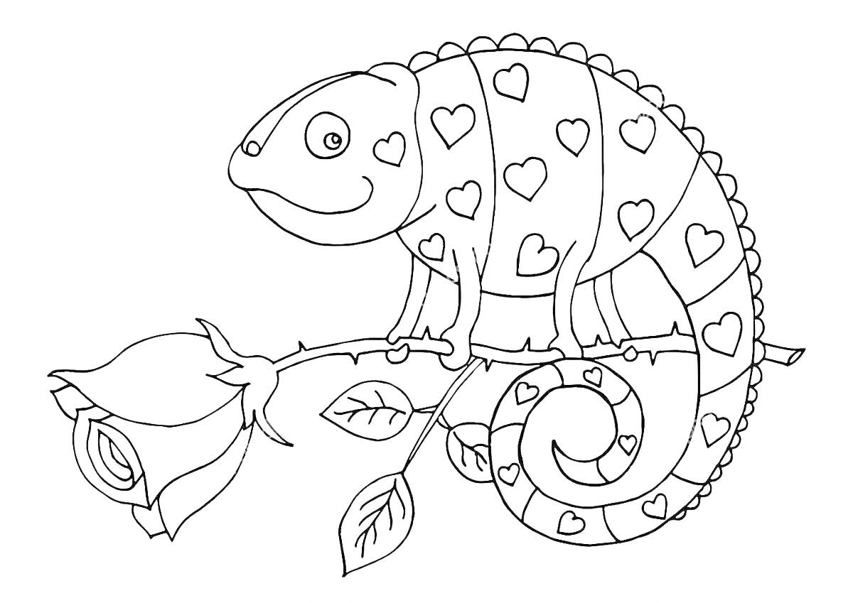 На раскраске изображено: Хамелеон, Ветка, Листья, Растения