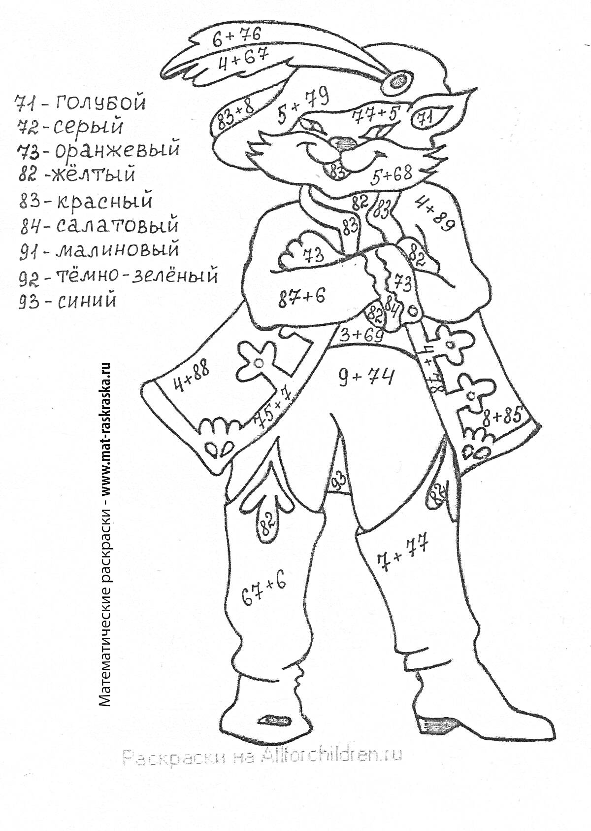 Раскраска Карточка-раскраска с изображением кота в пиратском костюме, состоящего из предметов одежды с математическими примерами на каждом элементе.
