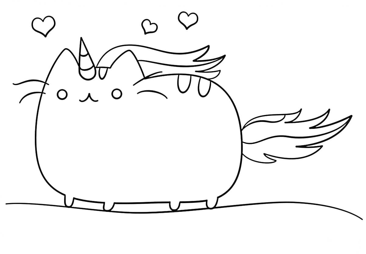 Раскраска кавайная кошка-единорог с сердцами
