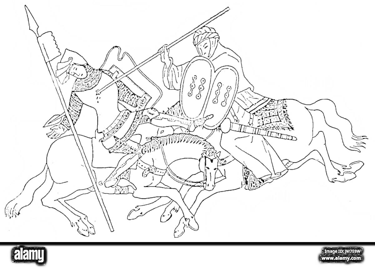 Раскраска Средневековая битва между двумя рыцарями на лошадях, вооруженные копьями и щитами