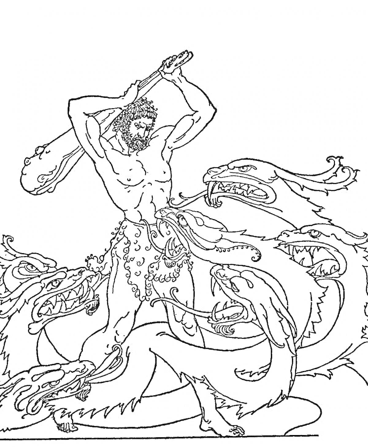 На раскраске изображено: Геракл, Древняя Греция, Палица, Битва, Мифологические существа, Сила, Мифические существа