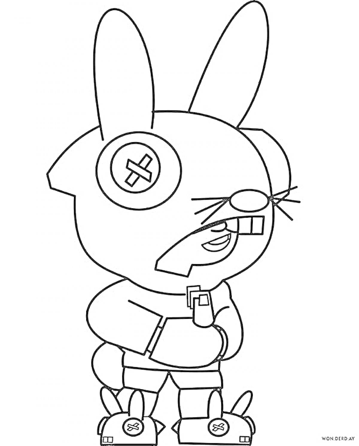 Раскраска Леон в костюме кролика из игры Brawl Stars с поднятым капюшоном, подбородочной повязкой, изображением креста на ушах, стоящий на одной ноге