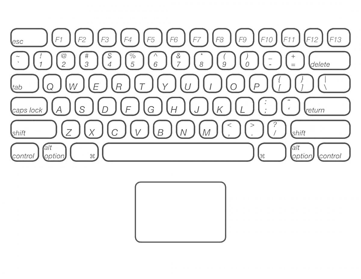 Клавиатура с функциональными, алфавитными и управляющими клавишами и тачпадом