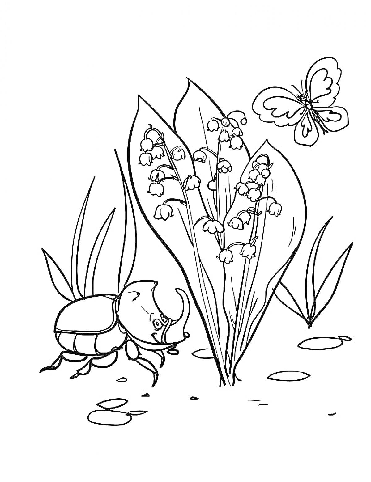 Раскраска Ландыш, жук и бабочка на траве