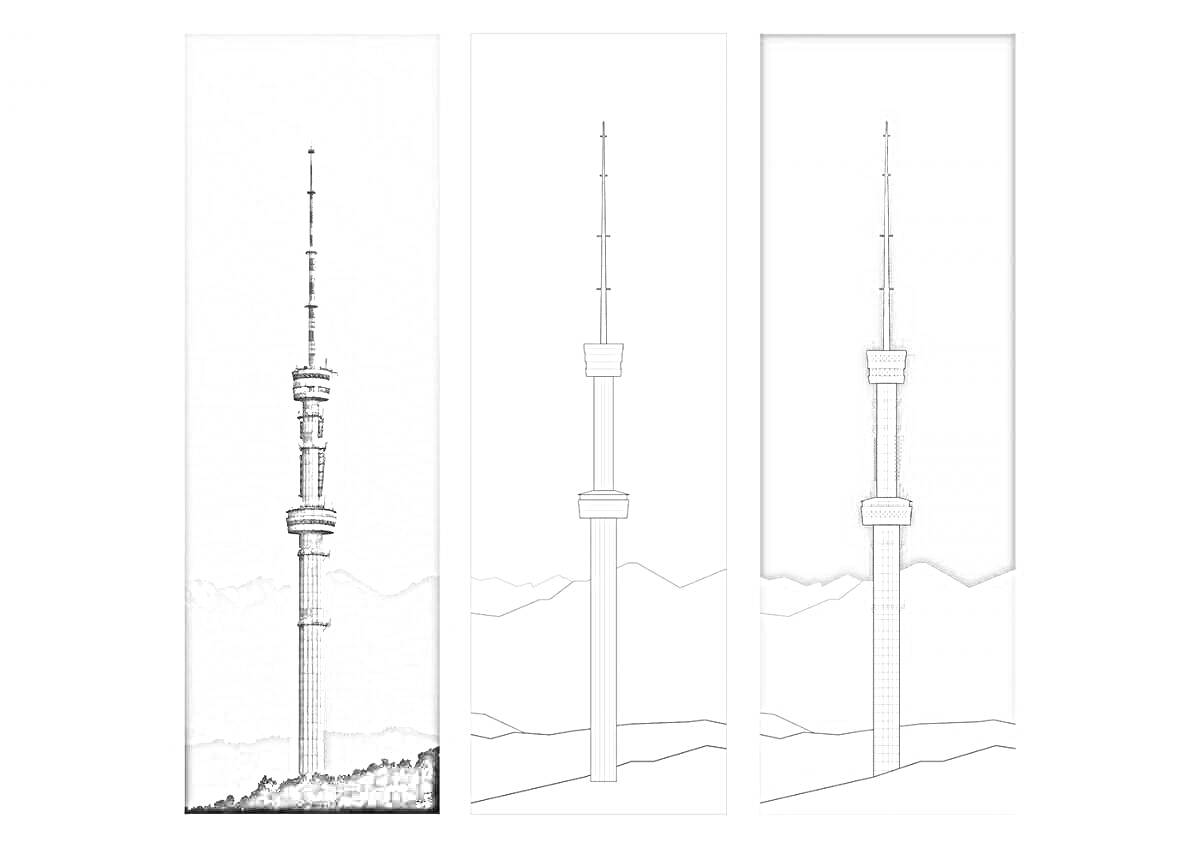 Раскраска Си-Эн Тауэр на фоне холмов - оригинал, контур, закрашенный