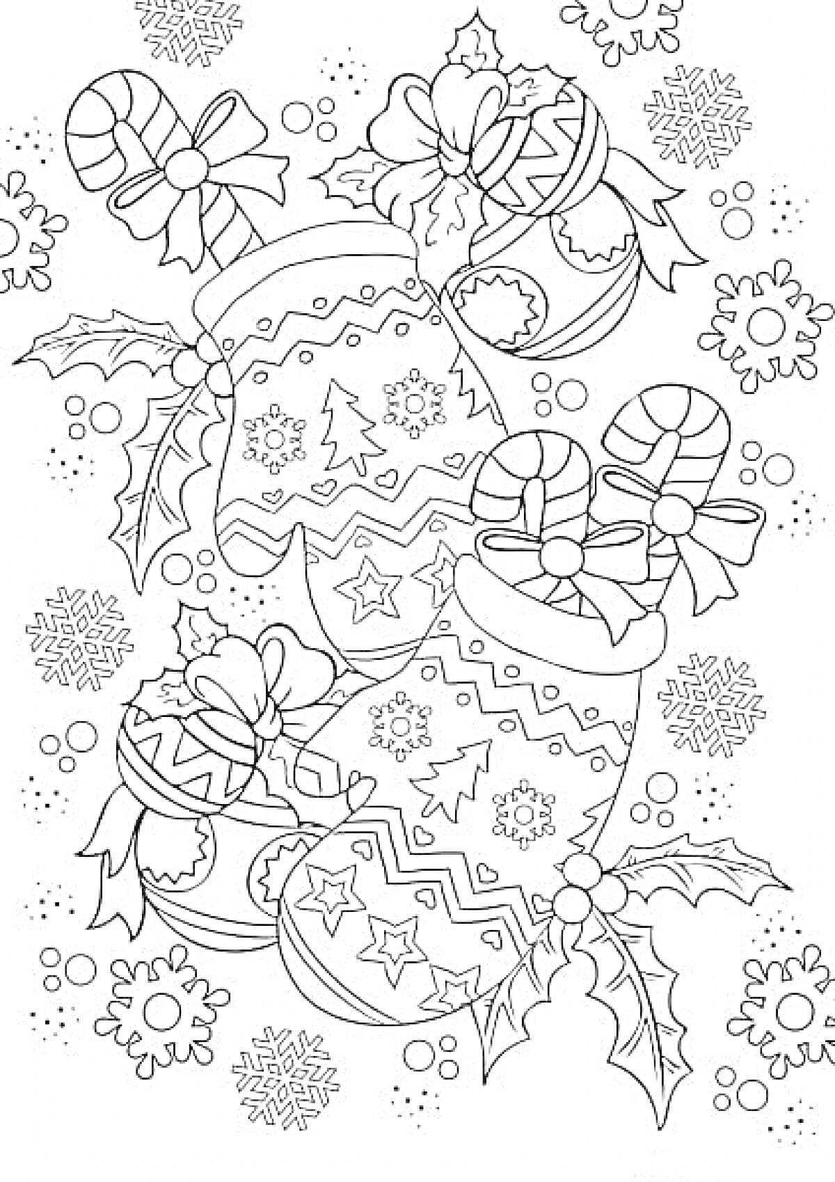 Раскраска Варежки с узорами, ёлочные шары с узорами, конфеты в виде трости, снежинки, ветки падуба, звёзды и точки