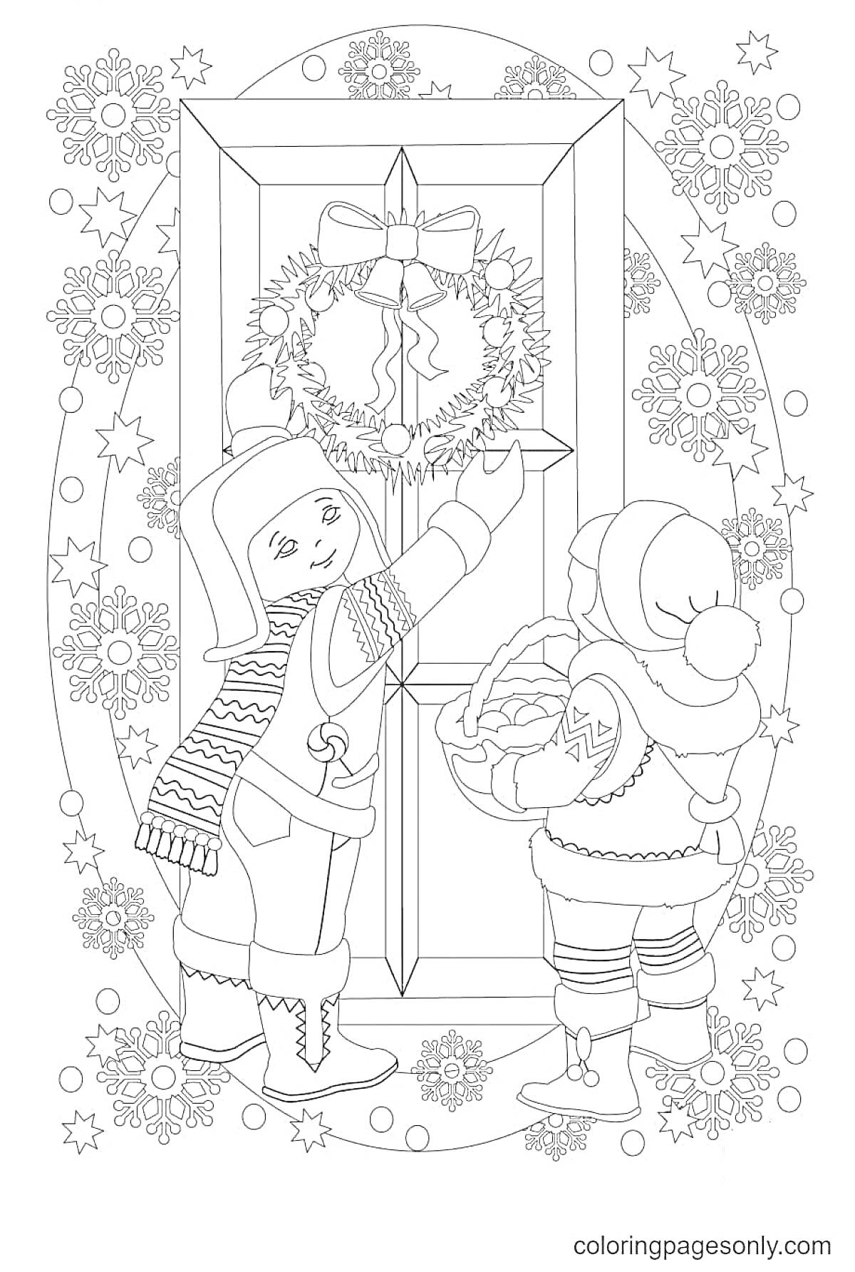 На раскраске изображено: Рождество, Венок, Украшения, Зима, Снежинки, Зимняя одежда